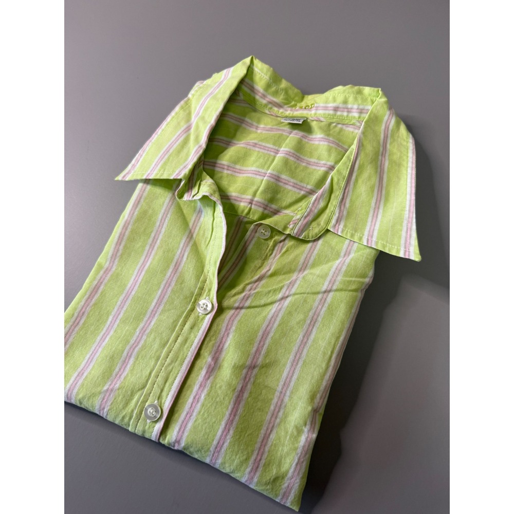 IZOD Womens XL Green Pink Striped Short Sleeve Button Down Cotton Shirt